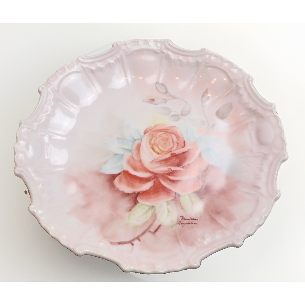 VTG Hand Painted Pink Rose Floral Ruffled Rim Decorative Cabinet Plate Signed